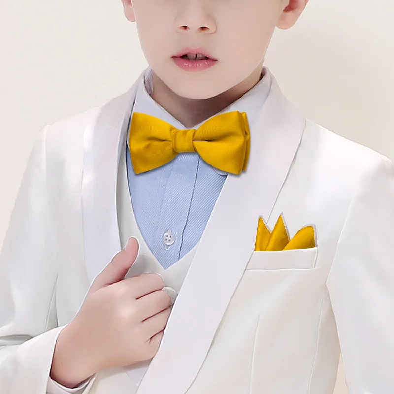 Classic men's tie for a polished, professional appearance-Barry Wang Boys Bowtie Golden Yellow Solid Bow Tie Hanky Set For Kids