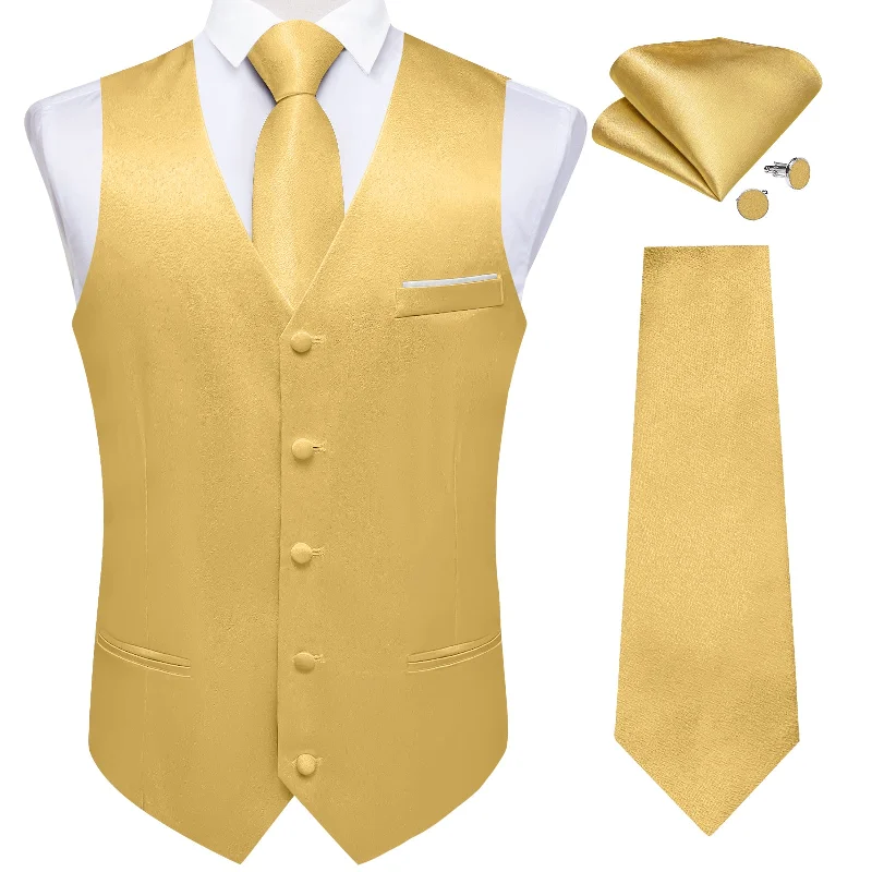 Affordable men's tie with bold colors-Goose Yellow Solid Satin Waistcoat Vest Tie Handkerchief Cufflinks Set