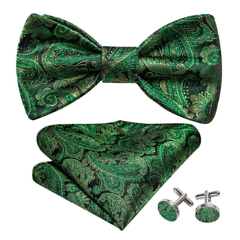 Affordable men's tie with bold colors-Grass Green Paisley Bow Tie Hanky Cufflinks Set