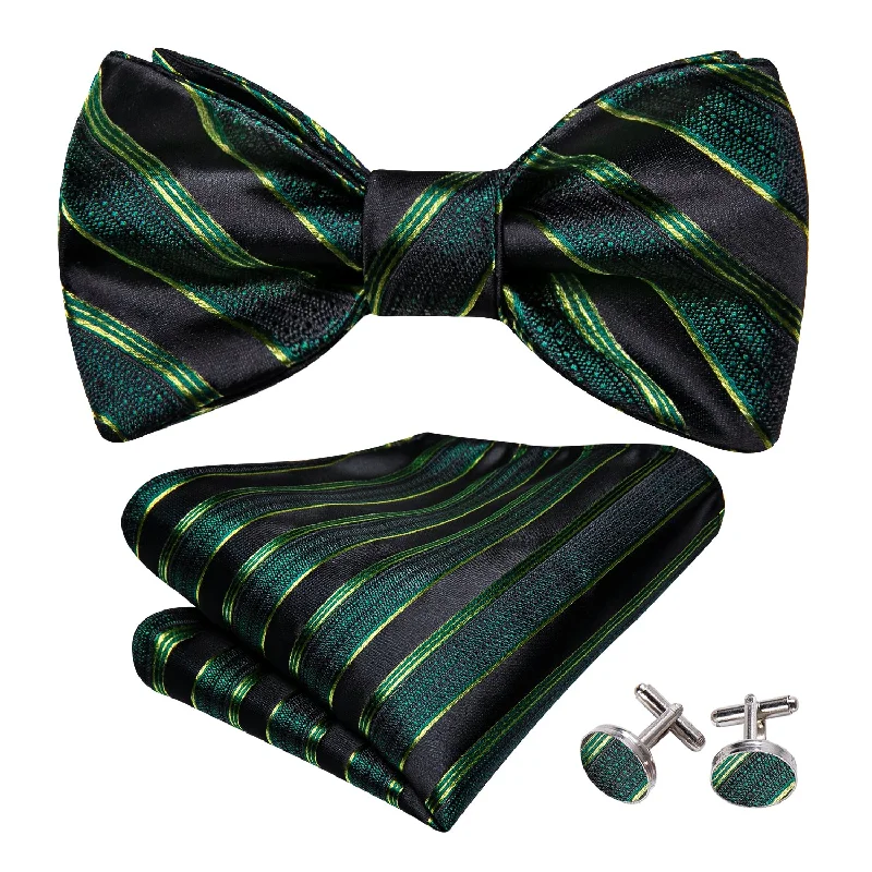 Men's tie with subtle floral pattern for business-Green Black Striped Bow Tie Hanky Cufflinks Set