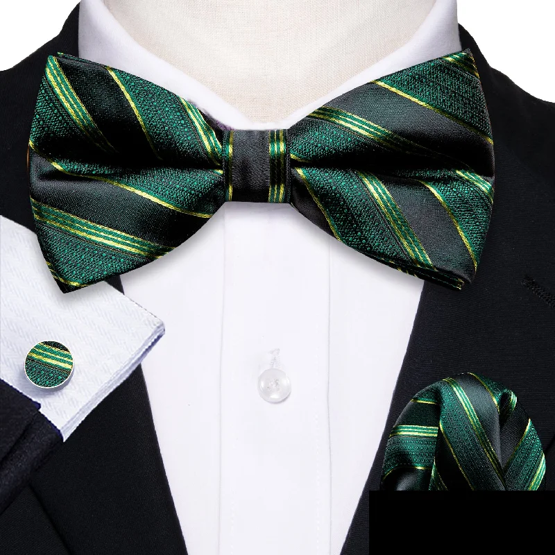 Men's tie for a formal holiday gathering-Green Black Striped Bow Tie Hanky Cufflinks Set