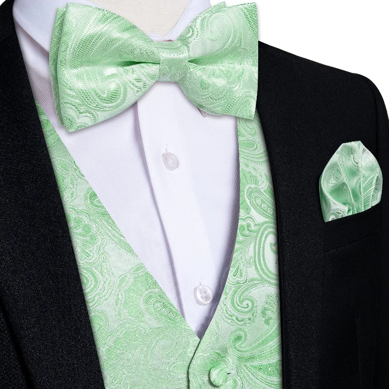 Men's tie with subtle stripes for formal wear-Green Floral Jacquard Silk Waistcoat Vest Bowtie Pocket Square Cufflinks Set