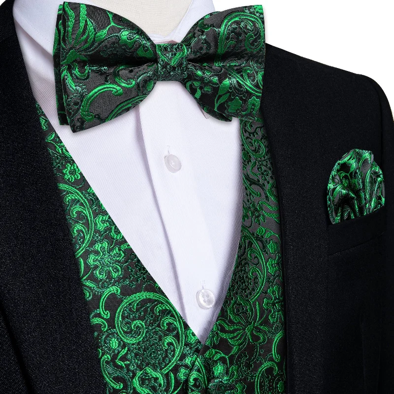 Men's tie with modern textures for work-Green Floral Jacquard Silk Waistcoat Vest Bowtie Pocket Square Cufflinks Set