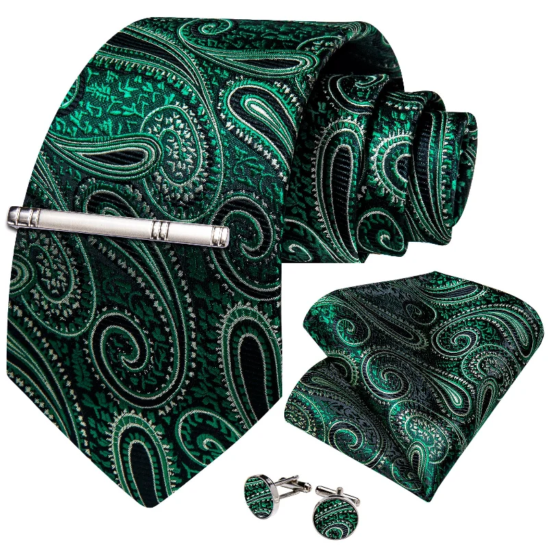 Best silk tie for business professionals-Green Paisley Men's Tie Handkerchief Cufflinks Clip Set