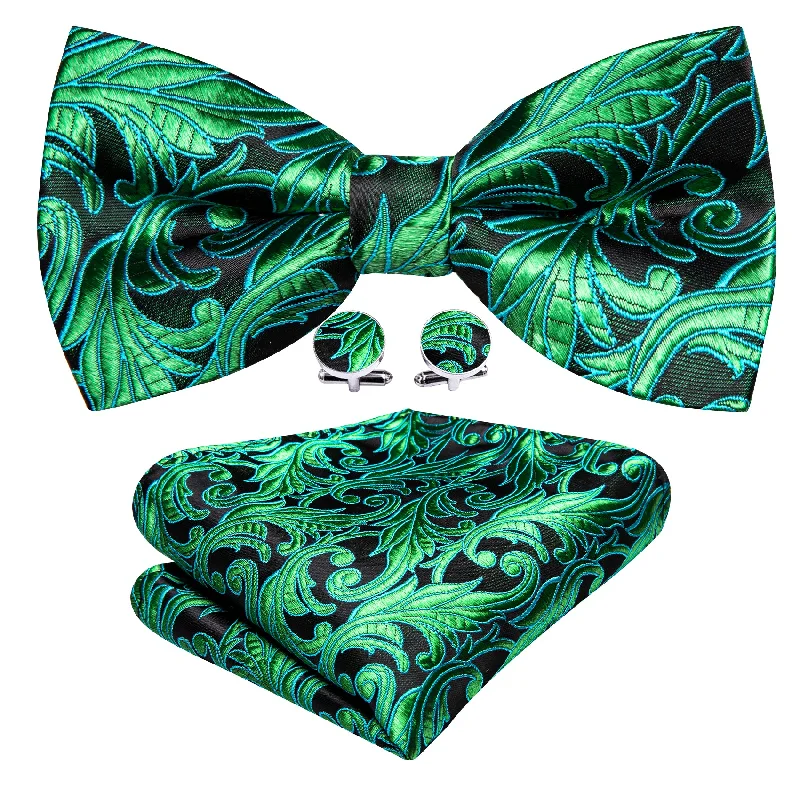 Stylish men's tie for professional look with rich fabric-Green Floral Pre-tied Bow Tie Hanky Cufflinks Set