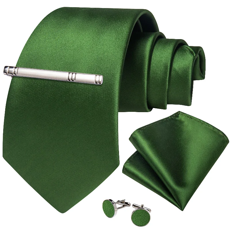 Luxury men's tie with a solid finish-Green Solid Men's Tie Handkerchief Cufflinks Clip Set