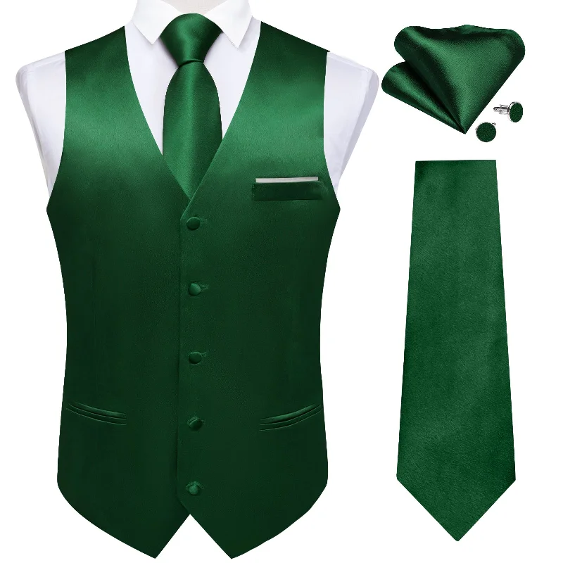 Designer men's tie with textured finish-Green Solid Satin Waistcoat Vest Tie Handkerchief Cufflinks Set