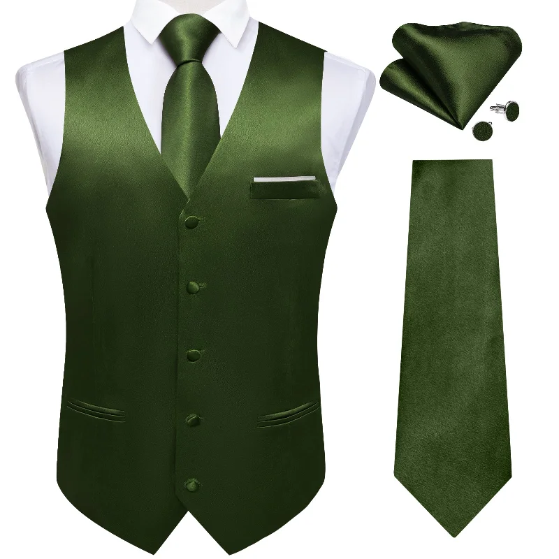 Stylish men's tie for professional dinners-Green Solid Satin Waistcoat Vest Tie Handkerchief Cufflinks Set