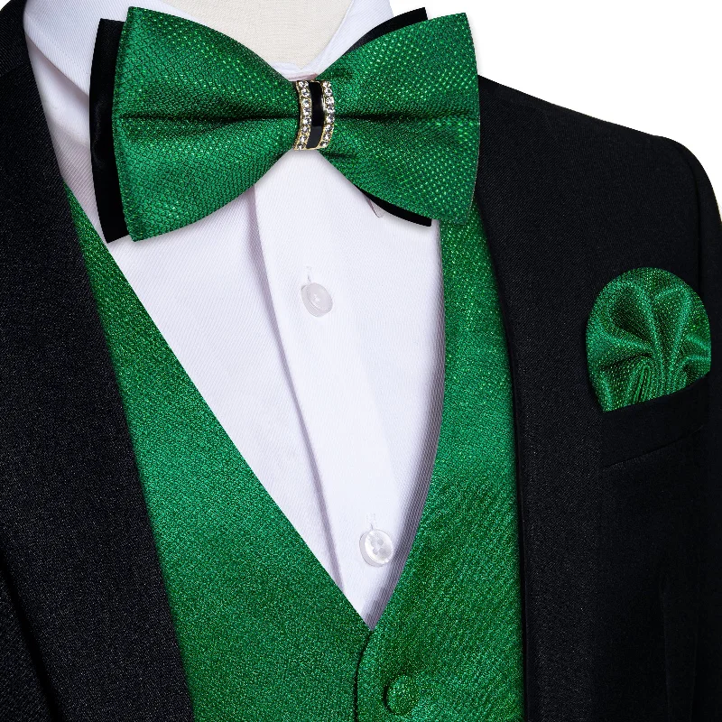 Men's tie for black tie gala-Green Solid Waistcoat Vest Bowtie Handkerchief Cufflinks Set