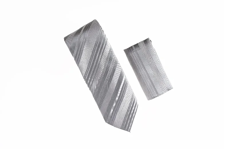 Best tie for wedding season-Grey and Silver Striped Designed Tie With Matching Pocket Square WTHXL-824