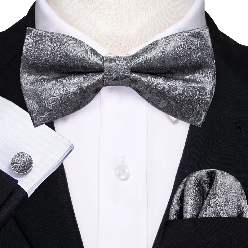 Men's tie with sleek satin texture-Grey Paisley Pre-tied Bow Tie Hanky Cufflinks Set