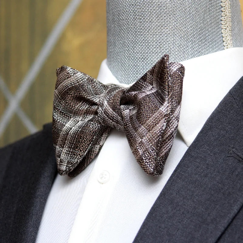 Elegant men's silk tie for formal occasions-Grey Plaid Men's Large Silk Bow Tie