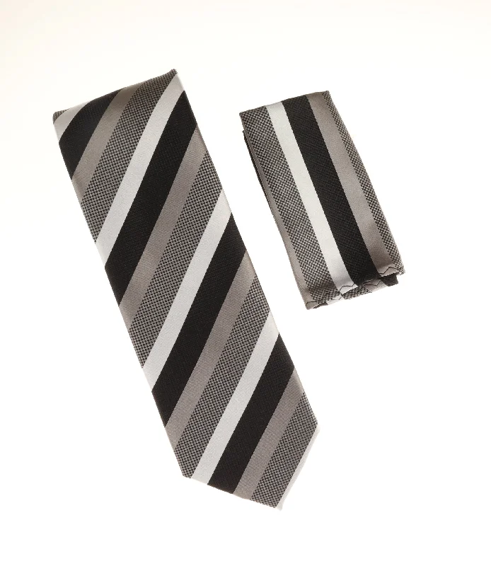 Men's silk tie with smooth texture for casual wear-Grey, Silver, Black and White Striped Designed Extra Long Necktie Tie with Matching Pocket Square