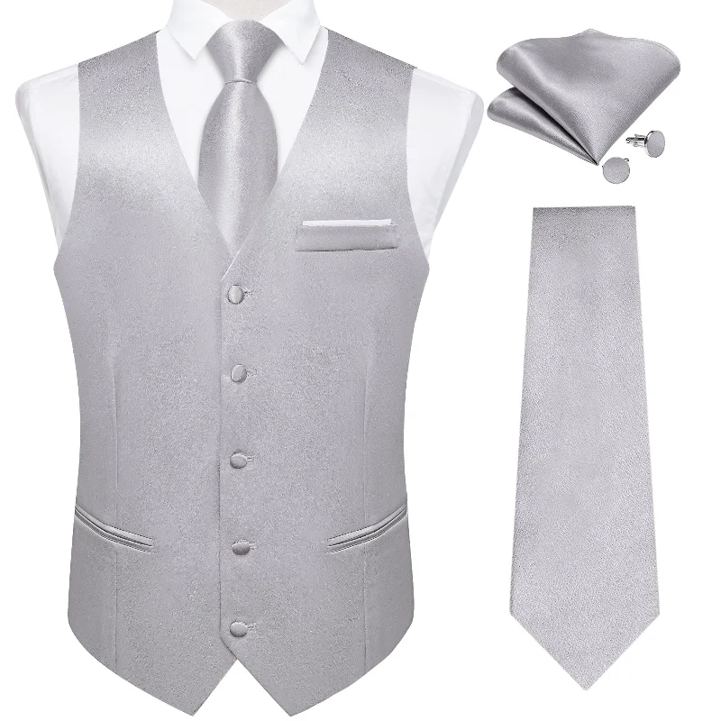 Men's tie for black tie gala-Grey Solid Satin Waistcoat Vest Tie Handkerchief Cufflinks Set