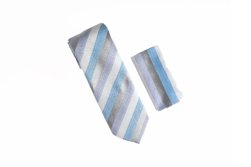 Men's tie for formal and elegant affairs-Grey, White, Silver and Baby Blue Stripe Designed Tie With Matching Pocket Square WTHXL-855