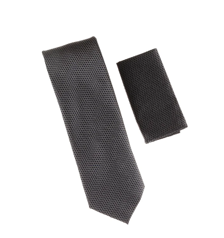 Luxury men's tie with velvet texture-Grey With a Navy Dot Designed Extra Long Necktie Tie with Matching Pocket Square