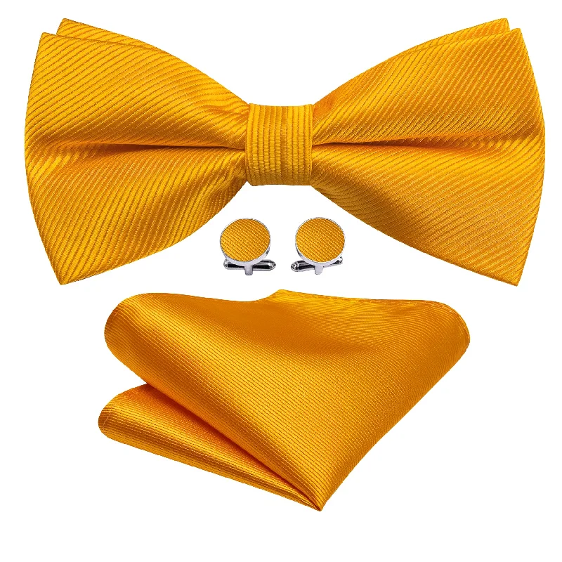 Men's slim tie for business casual look-Honey Orange Solid Pre-tied Bow Tie Hanky Cufflinks Set