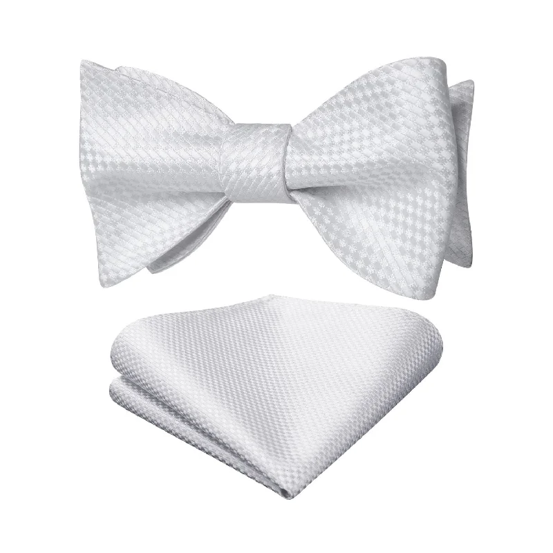 Men's tie with vibrant floral designs for weddings-Houndstooth Bow Tie & Pocket Square - WHITE