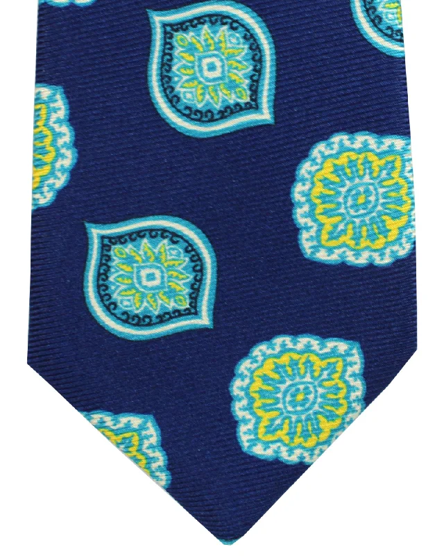 Men's tie with subtle dots and lines design-Kiton Silk Tie Dark Blue Turquoise Medallions - Sevenfold Necktie