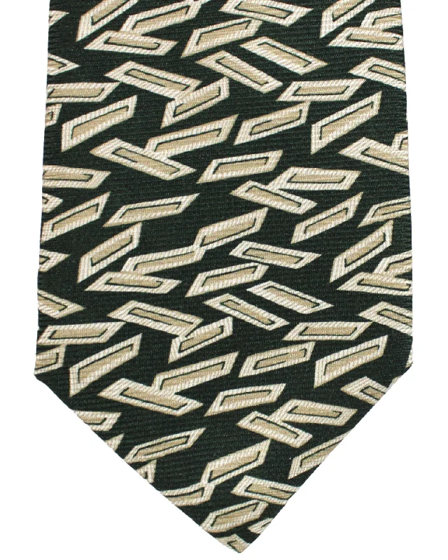 Best silk tie for summer business functions-Kiton Silk Tie Dark Green Taupe Geometric Design - Sevenfold Necktie