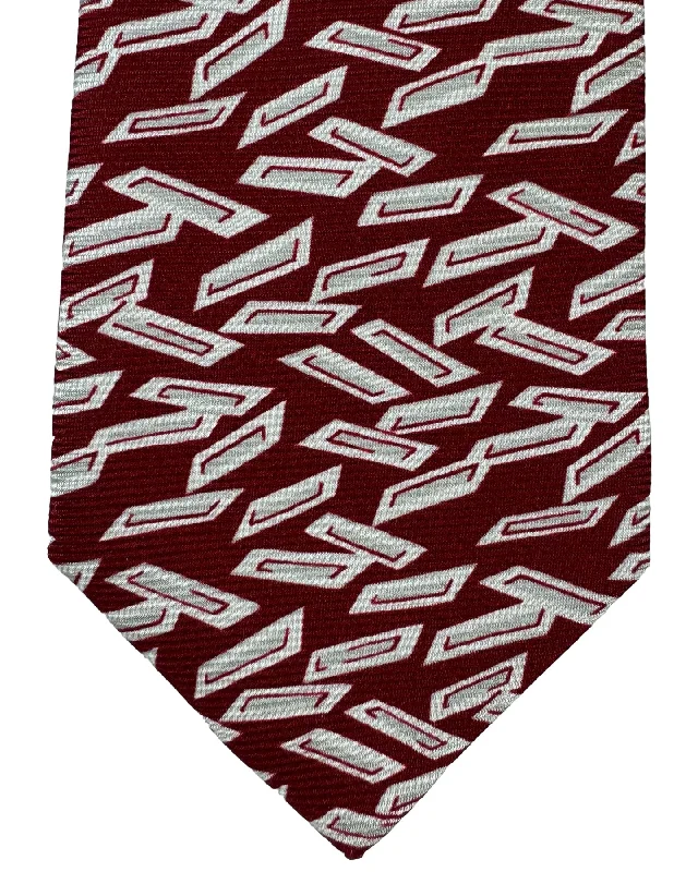 Men's tie for corporate formal functions-Kiton Silk Tie Maroon Gray Geometric Design - Sevenfold Necktie SALE