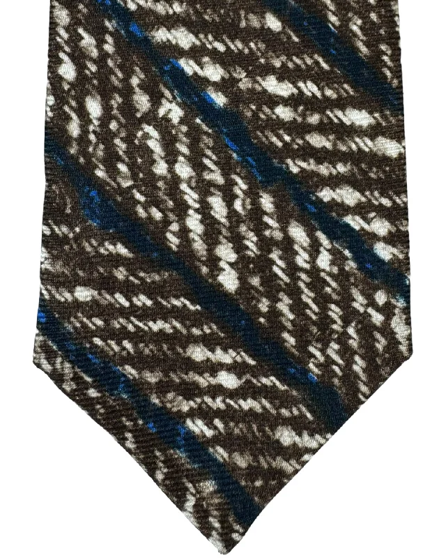 Men's tie with subtle floral pattern for business-Kiton Sevenfold Tie White Brown Dark Blue Herringbone Stripes SALE