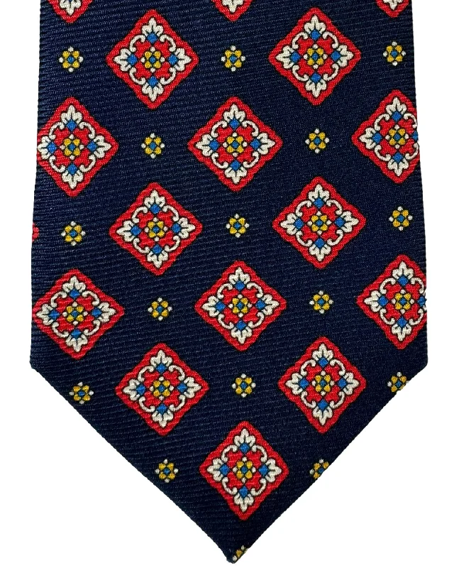 Best tie for wedding season-Kiton Tie Dark Blue Red Medallions - Sevenfold Necktie