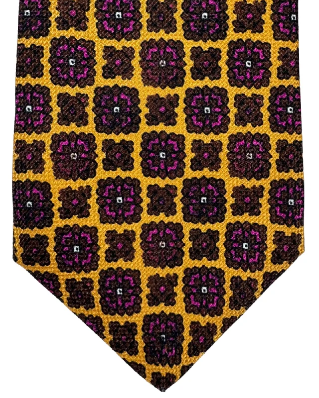 Designer men's tie with contemporary print-Kiton Tie Olive Brown Magenta Medallion- Luxury Sevenfold Necktie