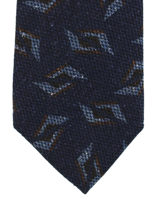 Stylish men's tie with dark shades-Kiton Wool Silk Tie Dark Blue Brown Geometric Design - Sevenfold Necktie SALE