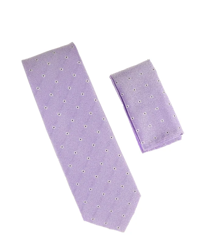 Men's tie with contemporary color blocking-Lavender with White Mini Dots Extra Long Tie With Matching Pocket Square