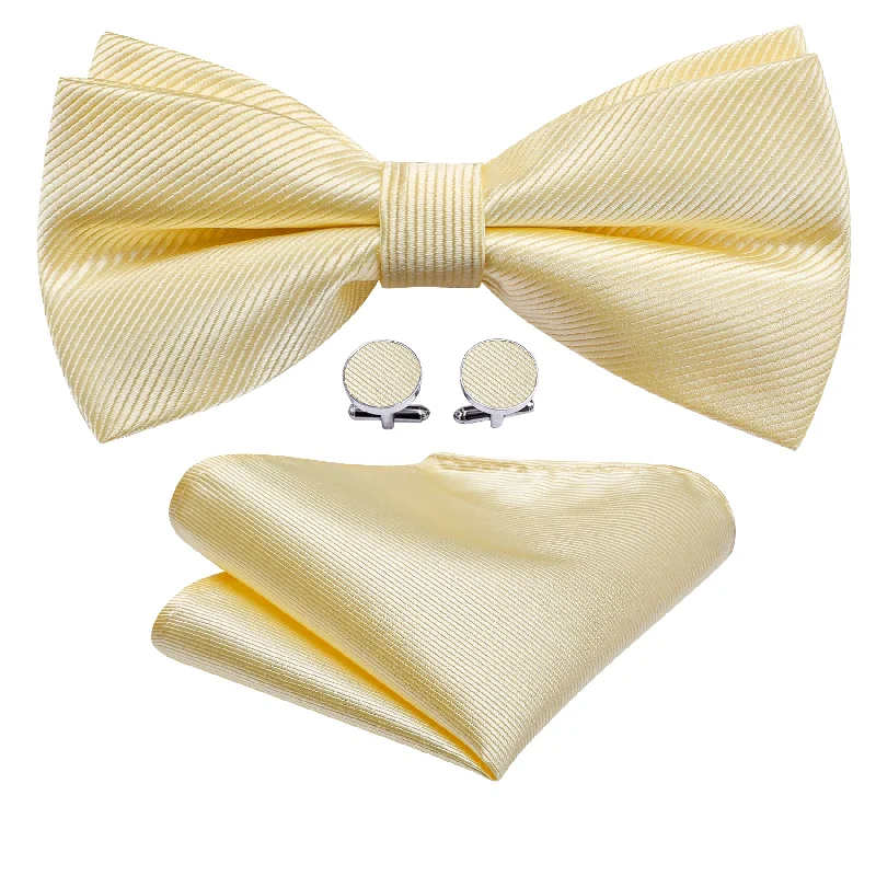 Best silk tie for men's business events-Lemon Chiffon Solid Pre-tied Bow Tie Hanky Cufflinks Set