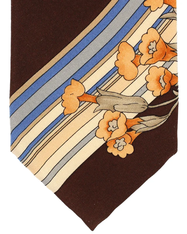 Men's silk tie with modern chevron print-Leonard Tie Brown Slate Blue Floral Stripes - Vintage Collection