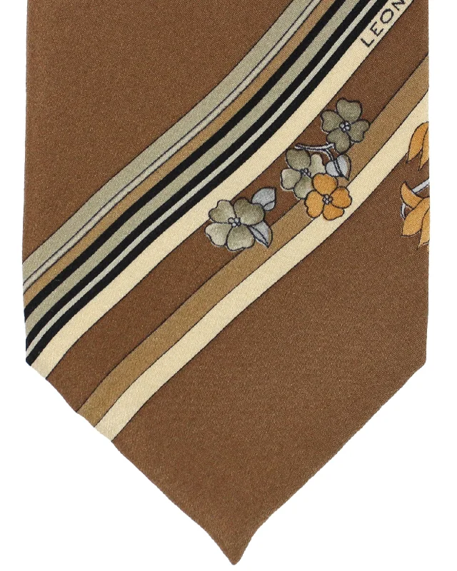 Men's tie with luxurious satin sheen-Leonard Tie Mocha Brown Floral Stripes - Vintage Collection