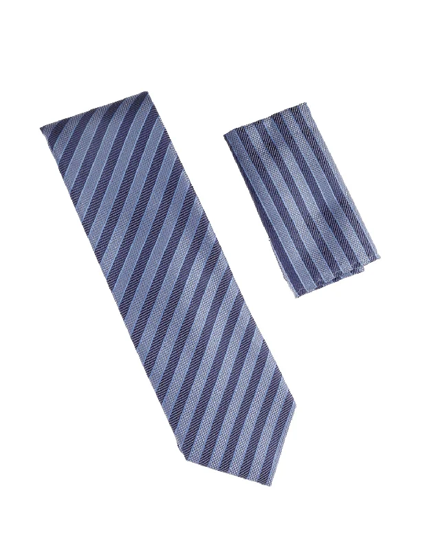 Classic men's tie with diamond texture-Light Blue, Baby Blue  & Navy Striped Extra Long Tie with Matching Pocket Square