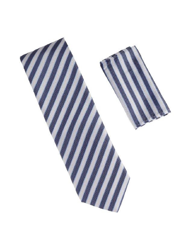 Men's tie for upscale dinner events-Light Blue, Baby Blue  & White Striped Extra Long Tie with Matching Pocket Square