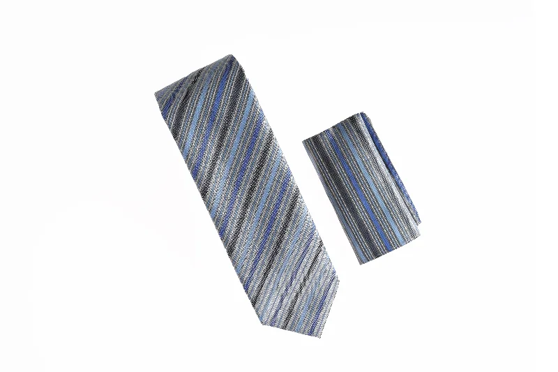 Designer men's tie with sophisticated colors-Light Blue, Navy Blue, Silver and White Stripe Designed Tie With Matching Pocket Square WTHXL-844