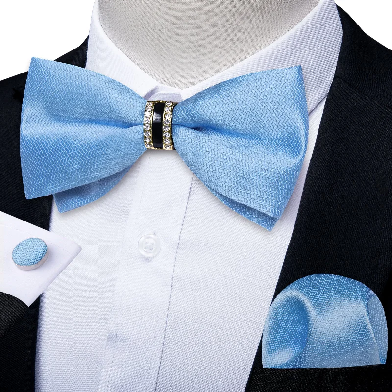 Men's tie with vibrant colors for upscale parties-Light Blue Solid Diamond Plastic Ring Men's Pre-Bowtie Pocket Square Cufflinks Set