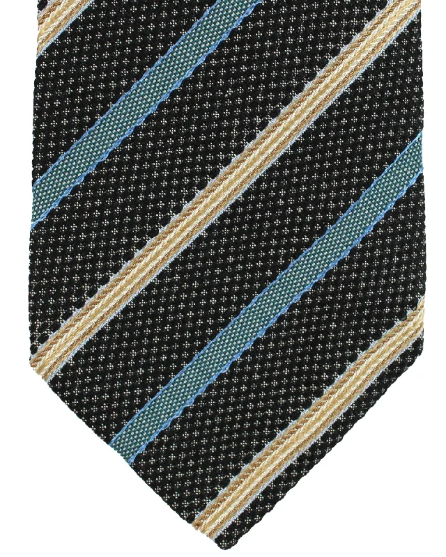 Men's tie with luxurious feel for weddings-Luigi Borrelli Silk Tie Black Blue Beige Stripes