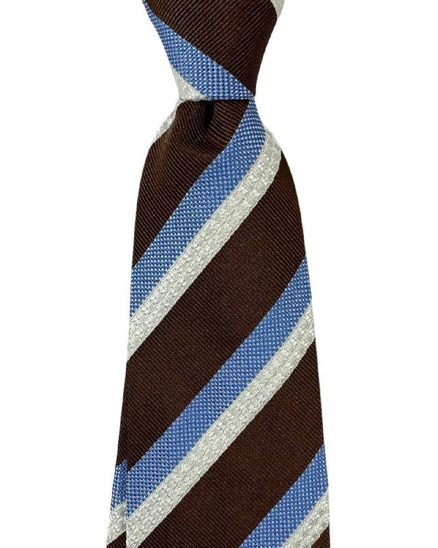 Designer tie for office professionals-Luigi Borrelli Silk Tie Brown Blue White Stripes SALE