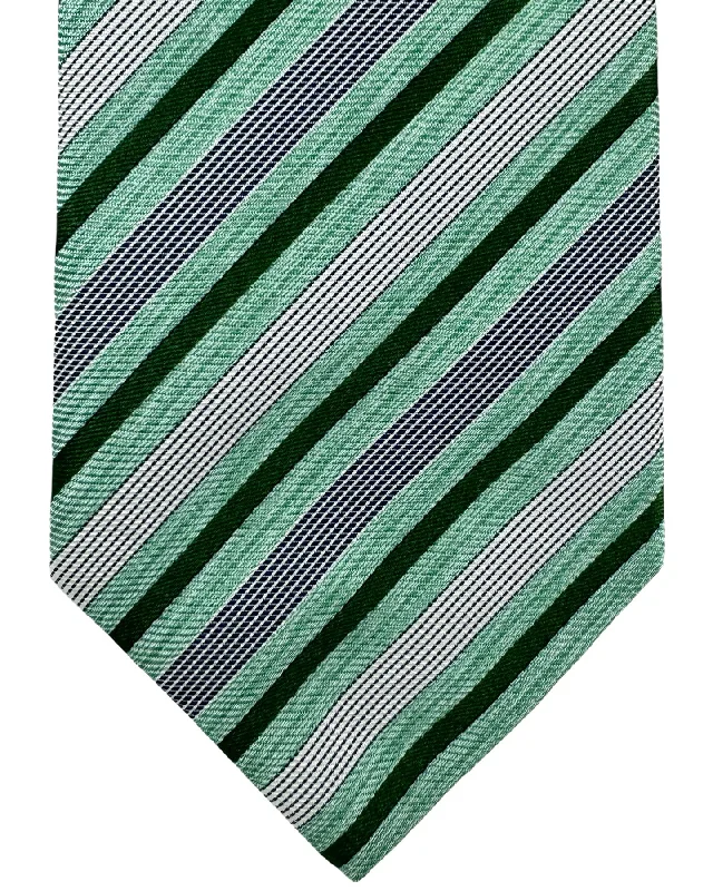 Men's tie with modern textures for work-Luigi Borrelli Silk Tie Green Silver Stripes BLACK FRIDAY SALE