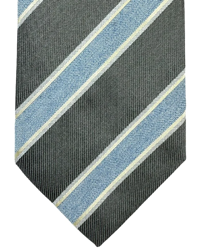 Stylish men's silk tie for evening functions-Luigi Borrelli Silk Tie Gray Sky Blue Stripes