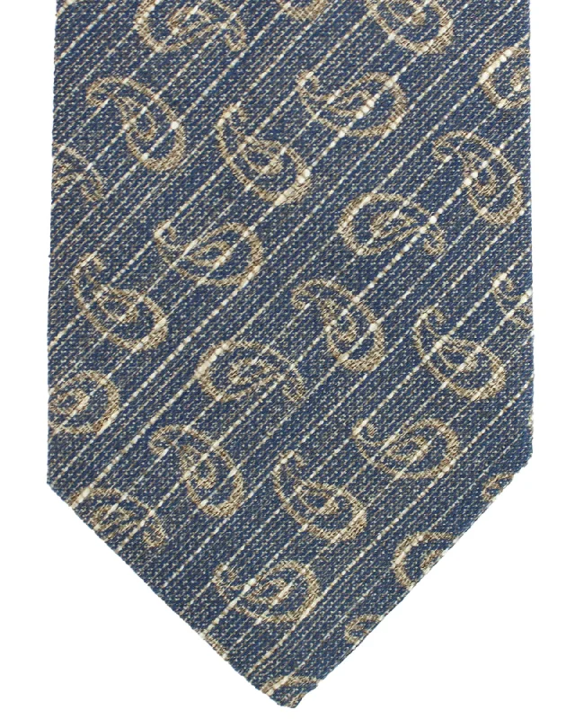 Classic men's tie with subtle design-Luigi Borrelli Silk Tie Navy Silver Taupe Stripes Paisley Design