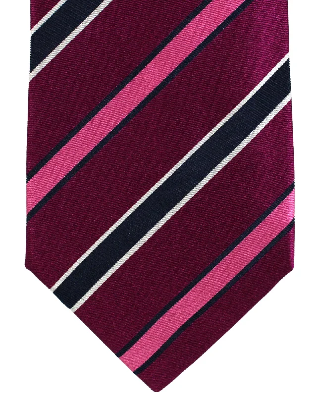 Designer men's tie with textured finish-Luigi Borrelli Silk Tie Purple Pink Stripes