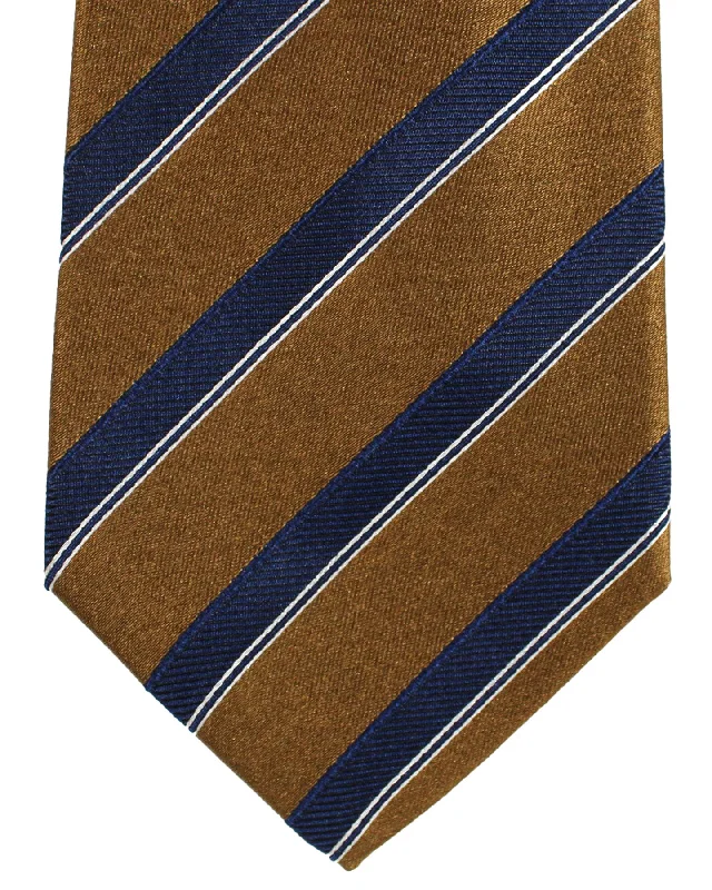 Men's tie with a vibrant floral print-Luigi Borrelli Tie Brown Dark Navy Stripes