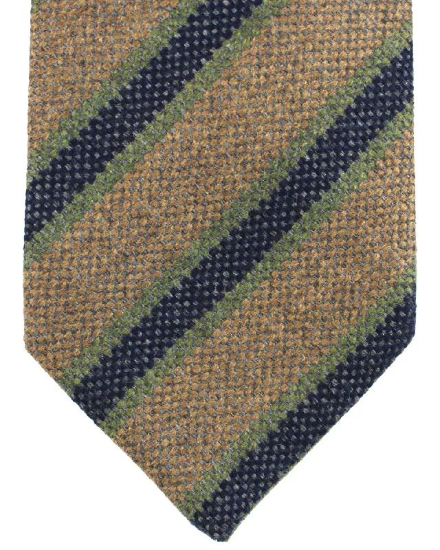 Best silk tie for business professionals-Luigi Borrelli Wool Tie Brown Green Navy Green Stripes