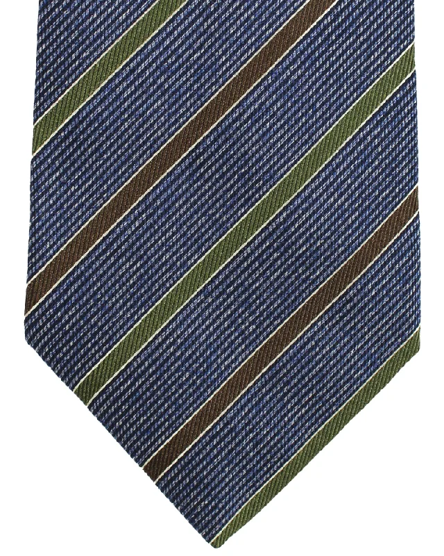 Classic men's tie with a bright pop of color-Luigi Borrelli Tie Dark Blue Brown Green Stripes