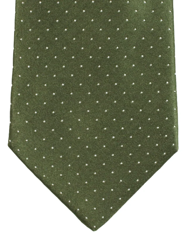 Men's tie with fine linen fabric for summer-Luigi Borrelli Tie Dark Green Mini Dots