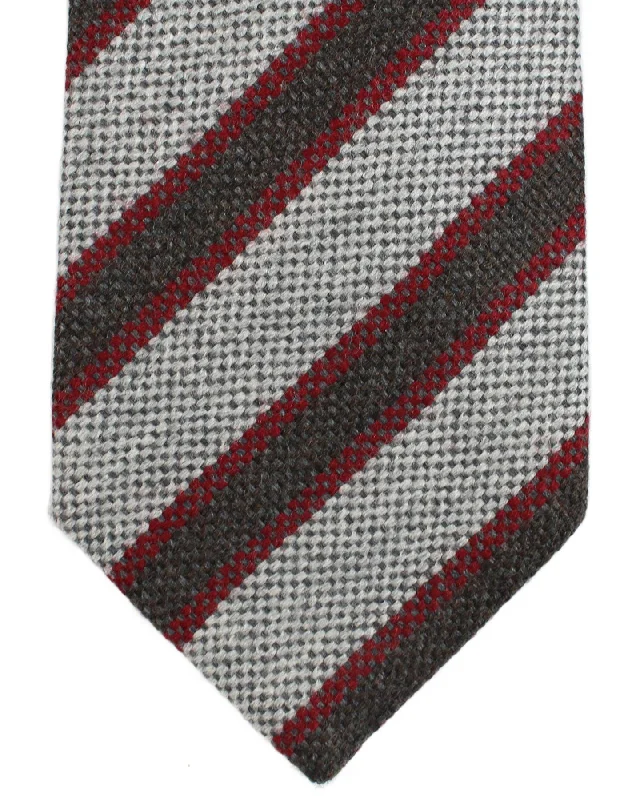 Men's silk tie with bold stripes-Luigi Borrelli Wool Tie Gray Bordeaux Forest Green Stripes