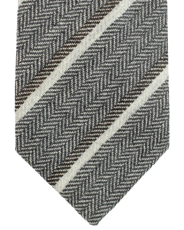 Men's tie with a solid color for interviews-Luigi Borrelli Wool Tie Gray Stripes Design