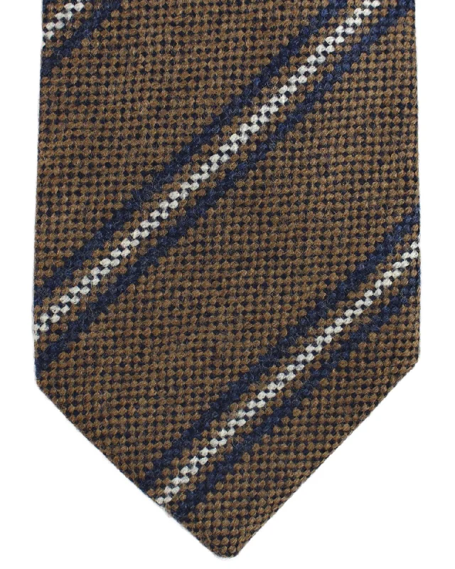 Luxury men's tie with subtle checks-Luigi Borrelli Wool Necktie Brown Navy Stripes